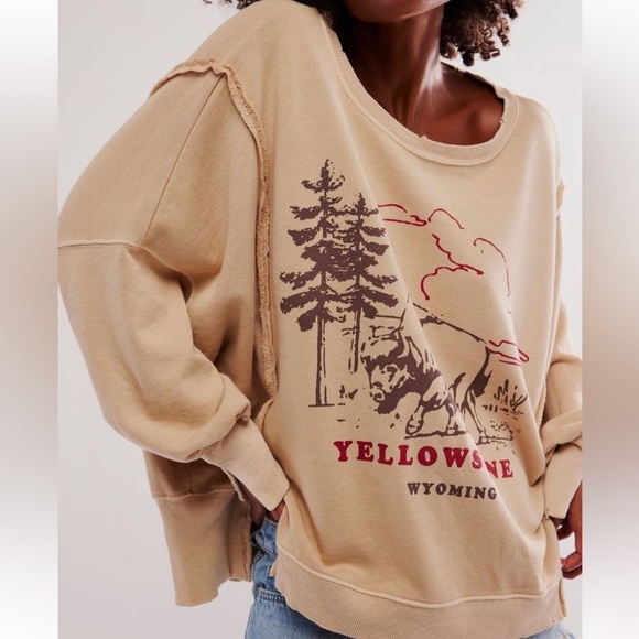 NWT FREE PEOPLE We the Free Graphic Camden Distressed Sweatshirt Yellowstone - Picture 2 of 4